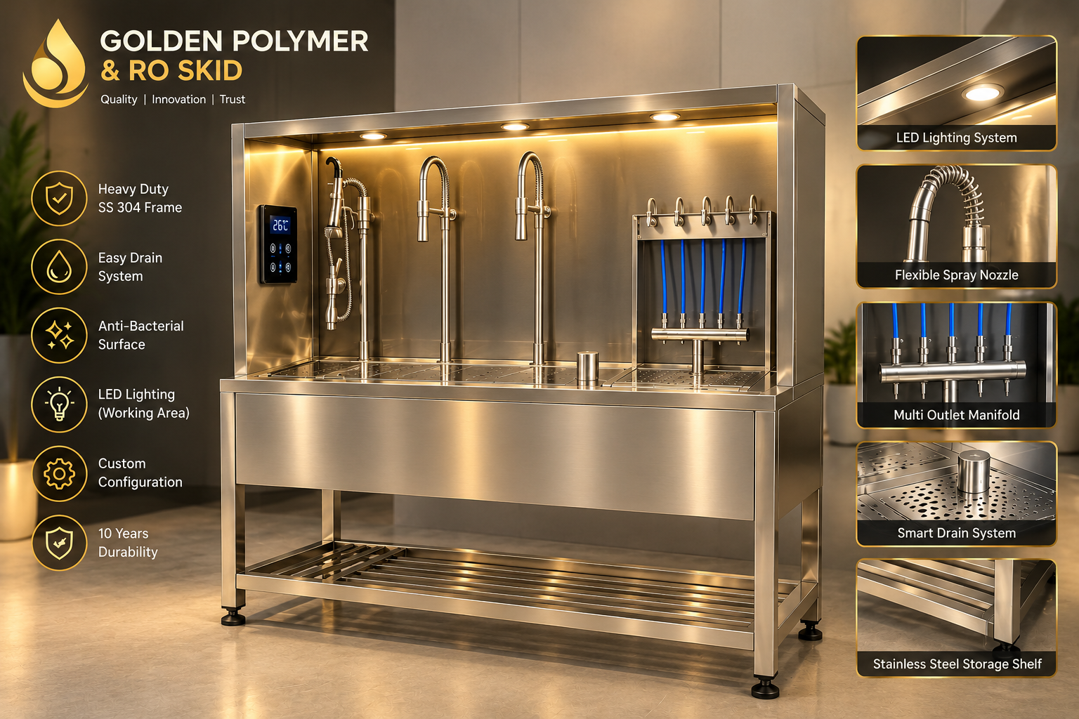 Golden Polymer stainless steel RO skid with LED-lit work area, gooseneck taps and multi-outlet manifold