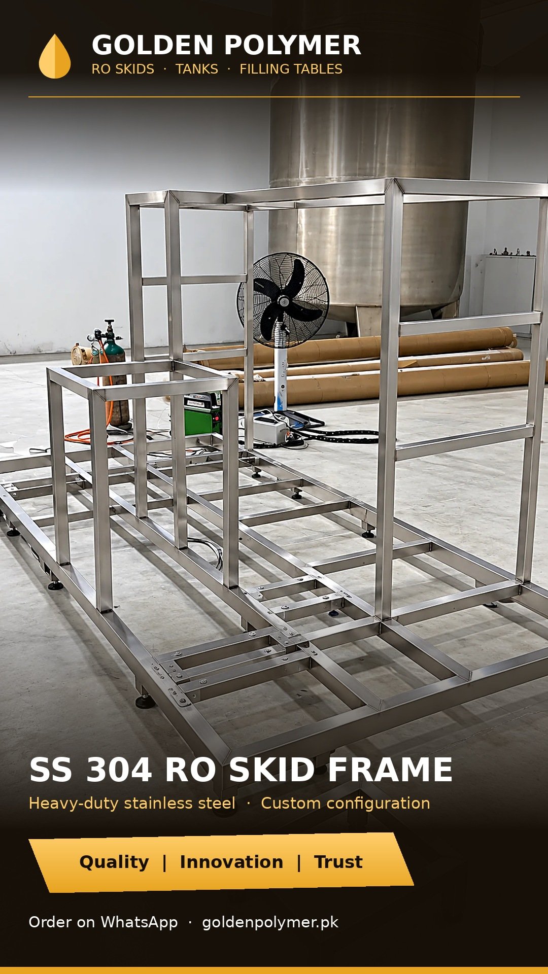 Golden Polymer stainless steel RO skid frame with adjustable levelling feet, shown in the workshop
